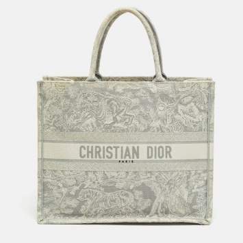 Pre Owned Dior Toile De Jouy Grey/White Large Embroidered Canvas Book Tote