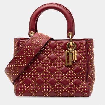 مملوكة مسبقًا Dior Red Medium Lambskin Cannage Studded Supple Lady Dior