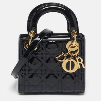 مملوكة مسبقًا Dior Lady Dior Mini Black Cannage Patent Leather Tote