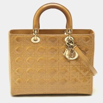 Pre Owned Dior Lady Dior Large Cream Cannage Patent Leather Tote