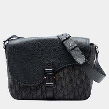 Pre Owned حقيبة ديور سدل مرسال قماش مائل أسود متوسط وجلد عجل محبب مع غطاء