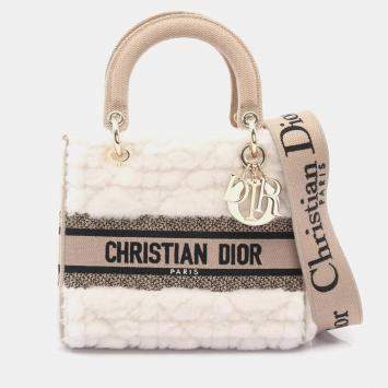 Pre Owned Christian Dior Dior Lady D-Lite Medium Handbag Canvas And Shearling White Beige Black