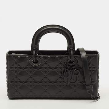 مملوكة مسبقًا حقيبة يد ديور ليدي دي-جوي سوداء متوسطة نقش دياموند جلد كاناج