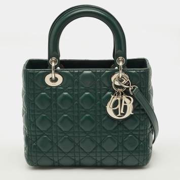 Pre Owned Dior Lady Dior Medium Green Cannage Leather Tote