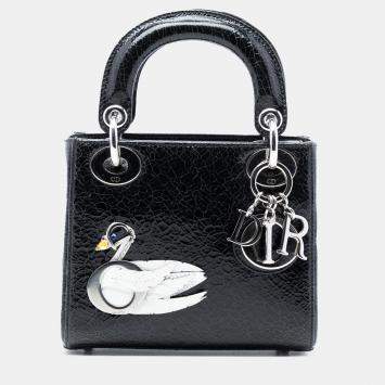 Pre Owned Dior Black Mini Deerskin Ceramic Effect Jeweled Swan Lady Dior