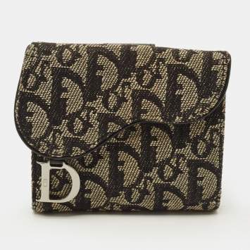 Pre Owned Dior Saddle Black Oblique Canvas and Leather French Wallet