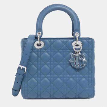 Pre Owned Christian Dior Lady Blue Lambskin Leather Medium Handbag