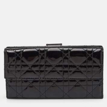 Pre Owned Dior Lady Dior Black Cannage Patent Leather Long Continental Wallet