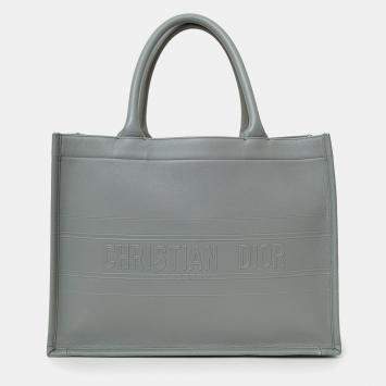 Pre Owned Christian Dior Grey Leather Christian Dior Embossed Medium Book Tote