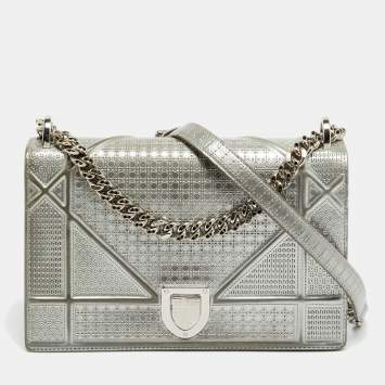 Pre Owned Dior Diorama Medium Grey Microcannage Patent Leather Shoulder Bag