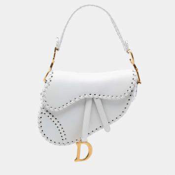 Pre Owned Dior White Calfskin Whipstitch Saddle Bag
