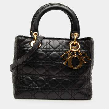 Pre Owned Dior Black Medium Lambskin Cannage Lady Dior