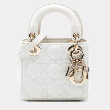 Pre Owned Dior White Micro Lambskin Cannage Lady Dior