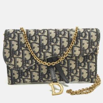 Pre Owned حقيبة ديور ساتل قماش أوبليك أزرق داكن وجلد سلسلة المحافظ