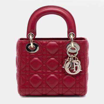Pre Owned Dior Red Mini Lambskin Cannage Lady Dior