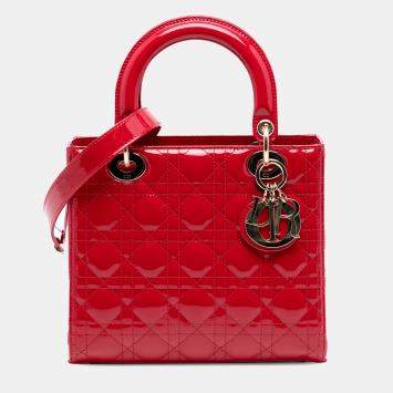Pre Owned Dior Red Medium Patent Cannage Lady Dior