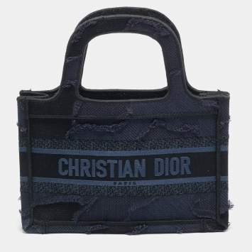 Pre Owned Dior Book Mini Navy Blue Embroidered Logo Canvas Tote