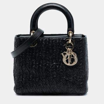 Pre Owned Dior Black Medium Wavy Crinkled Lambskin Lady Dior