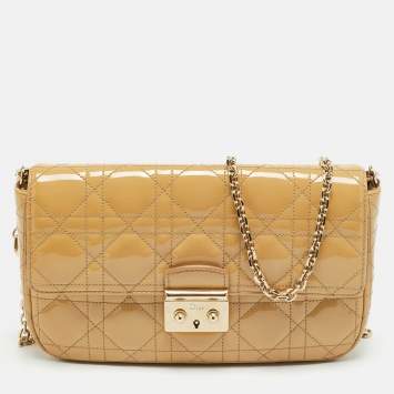Pre Owned Dior Miss Dior Promenade Beige Cannage Patent Leather Chain Clutch