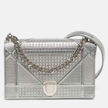 Pre Owned Dior Diorama Medium Grey Microcannage Patent Leather Shoulder Bag