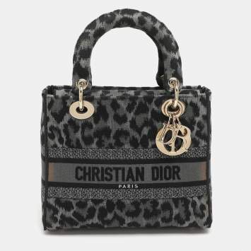 Pre Owned Dior Lady D-Lite Medium Grey Leopard Print Canvas Tote