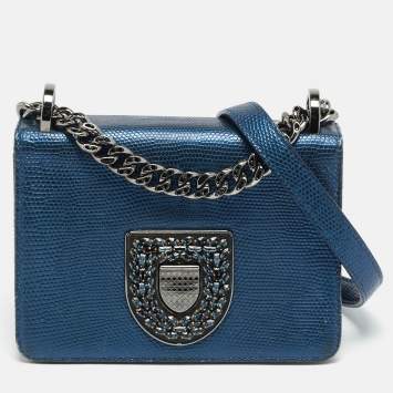 Pre Owned Dior Diorama Club Metallic Blue Lizard Shoulder Bag