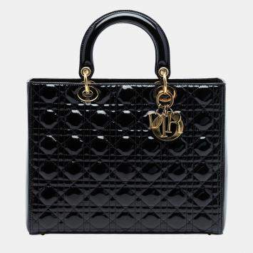 Pre Owned Dior Black Large Patent Cannage Lady Dior
