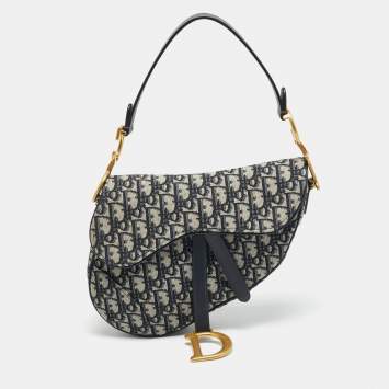 Pre Owned Dior Saddle Navy Blue Oblique Canvas Shoulder Bag