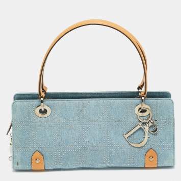 Pre Owned Dior East West Lady Dior Blue/Brown Studded Cannage Denim and Leather Tote