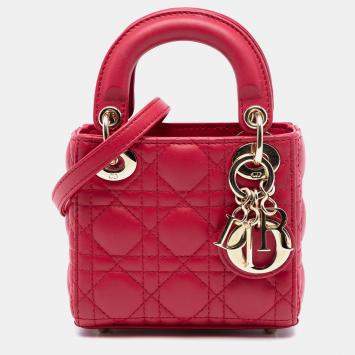 Pre Owned Dior Red Micro Lambskin Cannage Lady Dior