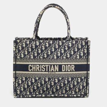 Pre Owned Dior Oblique Embroidered Book Medium Navy Blue Canvas Tote