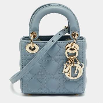 Pre Owned Dior Lady Dior Micro Light Blue Cannage Leather Tote