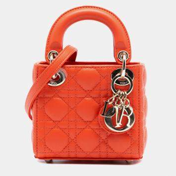 Pre Owned Dior Orange Micro Lambskin Cannage Lady Dior