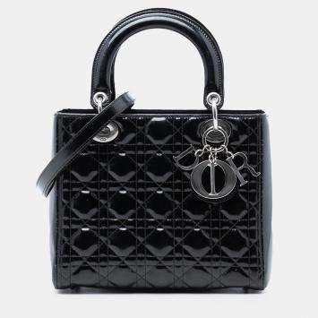 Pre Owned Dior Black Medium Patent Cannage Lady Dior