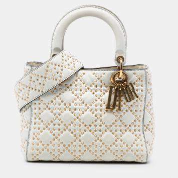 Pre Owned Dior White Medium Lambskin Cannage Studded Supple Lady Dior