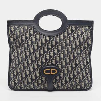Pre Owned Dior Navy Blue Oblique Canvas and Leather Fold Over Clutch