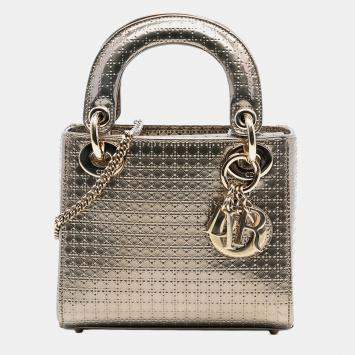 Pre Owned Dior Gold Mini Metallic Patent Microcannage Lady Dior