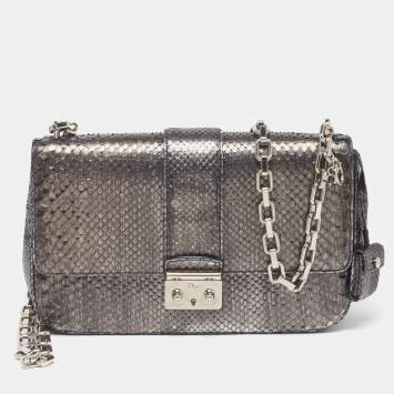 Pre Owned Dior Miss Dior Flap Medium Metallic Grey Python Flap Bag