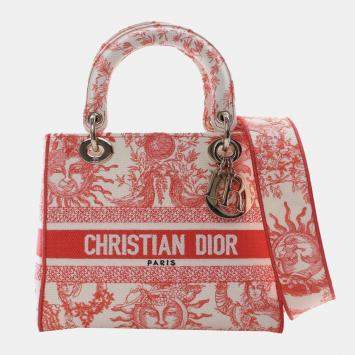 Pre Owned Dior Red White Medium Embroidered Canvas Toile de Jouy Soleil Lady D Lite