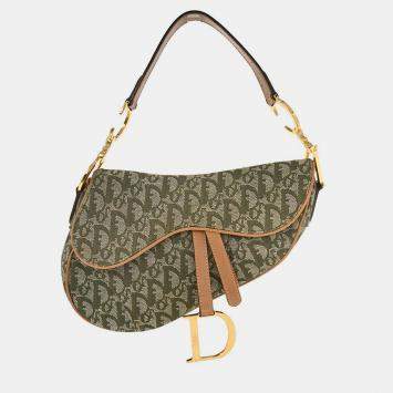 Pre Owned Christian Dior Green Canvas Trotter Saddle Handbag