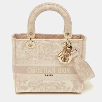 Pre Owned Dior Lady D-Lite Medium Pink Toile de Jouy Embroidered Canvas Tote