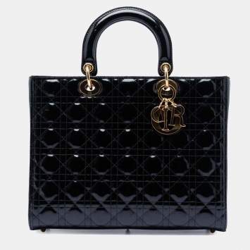 Pre Owned Dior Black Large Patent Cannage Lady Dior