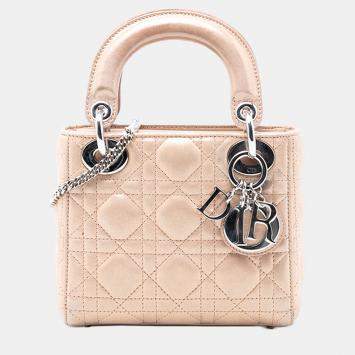 Pre Owned Dior Beige Mini Iridescent Lambskin Cannage Lady Dior