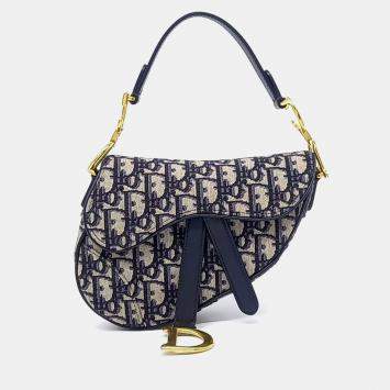 Pre Owned Dior Beige, Navy Blue Canvas Oblique Mini Saddle Bag