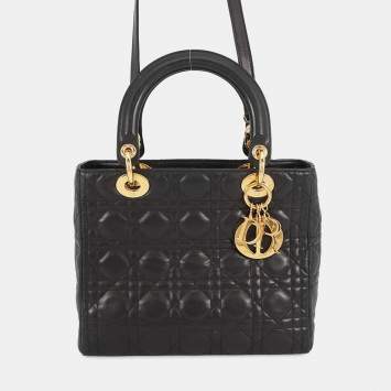 مملوكة مسبقًا Dior Lady Dior 2Waybag Black Leather Size Medium