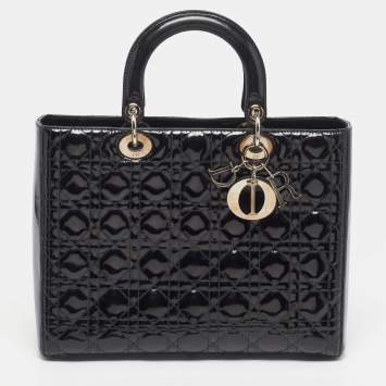 Pre Owned Dior Lady Dior Large Black Cannage Patent Leather Tote