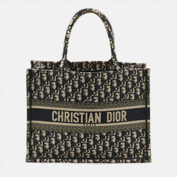 Pre Owned Dior Book Medium Blue Oblique Embroidered Canvas Tote 