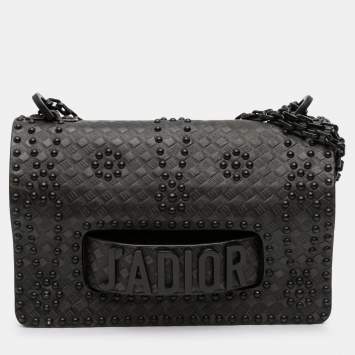 Pre Owned Dior Black Medium Embossed Calfskin Studded JAdior Chain Flap