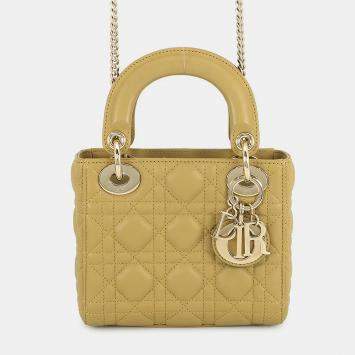 Pre Owned Dior Lady Dior 2Way Handbag Olive Lambskin Size Mini