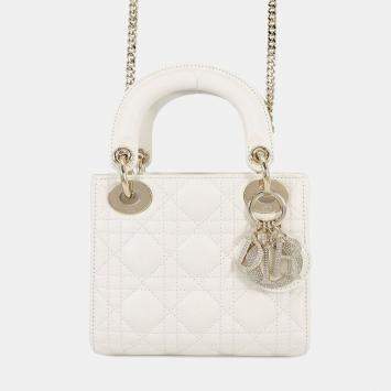 Pre Owned Dior Lady Dior Canage 2Wayhandbag Latte White Lambskin Rhinestone Size Mini
